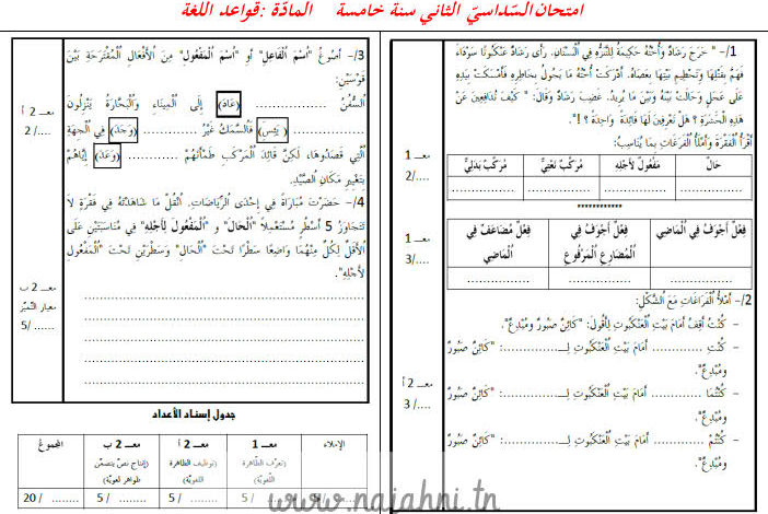 تقييم نهاية الثلاثي الثالث قواعد لغة سنة خامسة