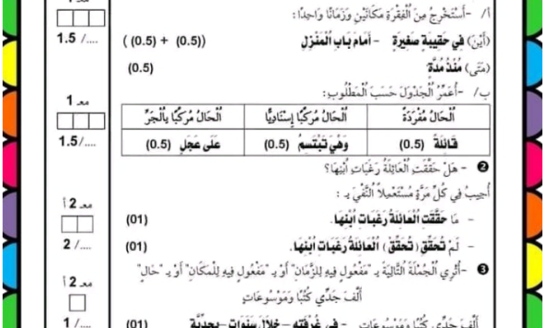 امتحان عربية: قراءة + قواعد لغة + إنتاج كتابي - سنة رابعة مع الإصلاح